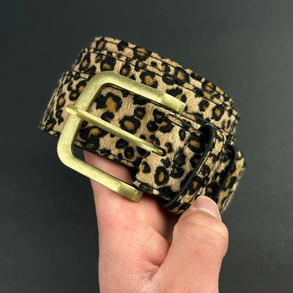 Vintage style cheetah leopard print fur belt american western black and tan